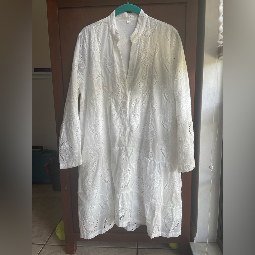 New white cotton lace midi dress